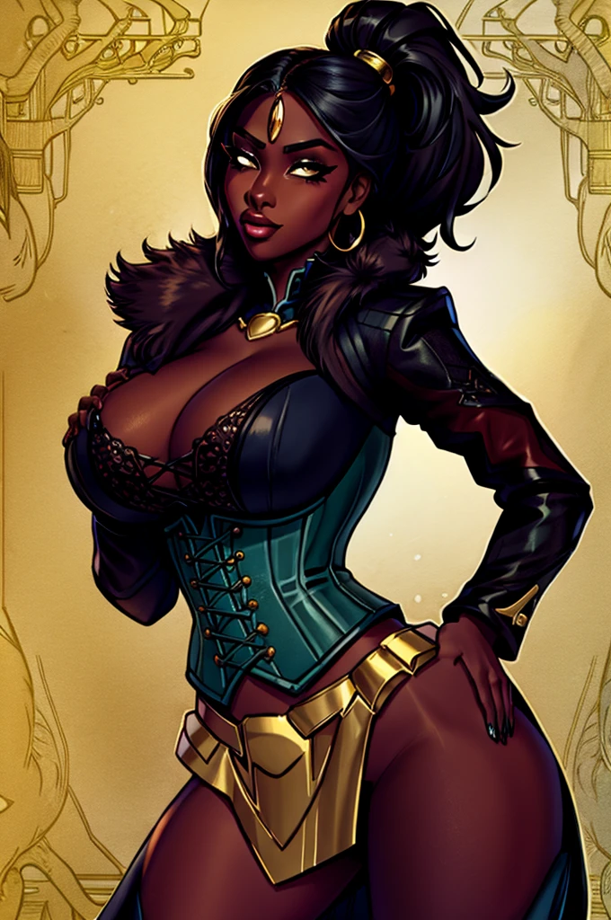 Butch Henchwoman, black skin, drow,brass,coat,steampunk,corset,straps
