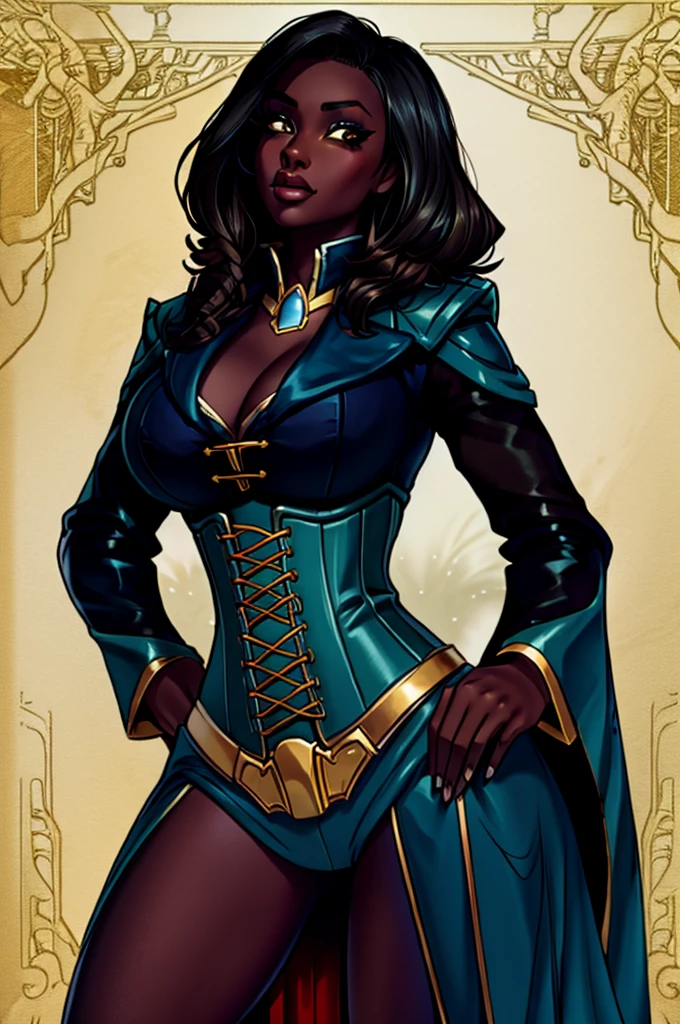 Butch Henchwoman, black skin, drow,brass,coat,steampunk,corset,straps
