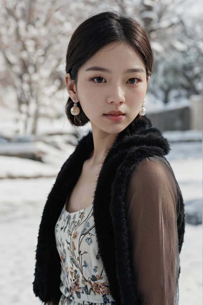 photo of a a korean girl with pale skin, long black hair and ice eyes, (Adorned in a tea-length floral dress, a faux fur stole, and pearl earrings, she captures the elegance of a bygone era with a modern twist:1.2), RAW photo, 8k UHD, soft lighting, high quality, film grain, Fujifilm XT3, 16mm, color graded portra 400 film, remarkable color, remarkable detailed pupils