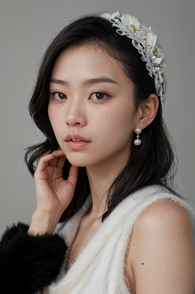 photo of a a korean girl with pale skin, long black hair and ice eyes, (Adorned in a tea-length floral dress, a faux fur stole, and pearl earrings, she captures the elegance of a bygone era with a modern twist:1.2), RAW photo, 8k UHD, soft lighting, high quality, film grain, Fujifilm XT3, 16mm, color graded portra 400 film, remarkable color, remarkable detailed pupils