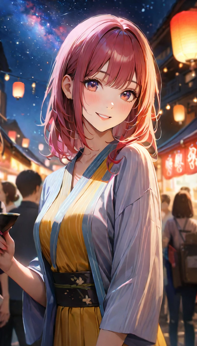 Young woman enjoying the summer festival,night, Starry Sky,Cute Yukata,Gazing at the sky,Blur the background,high school girl,smile,Highest quality, 8k, High resolution, masterpiece:1.2, Very detailed, Realistic:1.37, High resolution, 超High resolution, Ultra-fine painting, Very detailed, Professional, Vibrant colors
