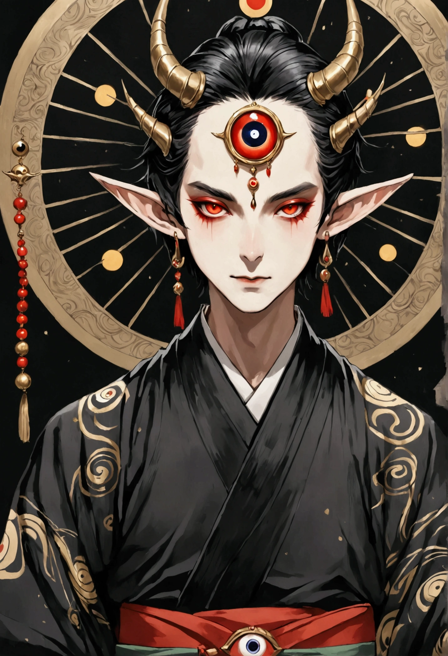 Dark illustration,(((1 Prince,独奏,third eye on the forehead,Dark eyeshadow.Elf ears))),(((Japanese robe kimono:1.6))).whole body,black and gold,red