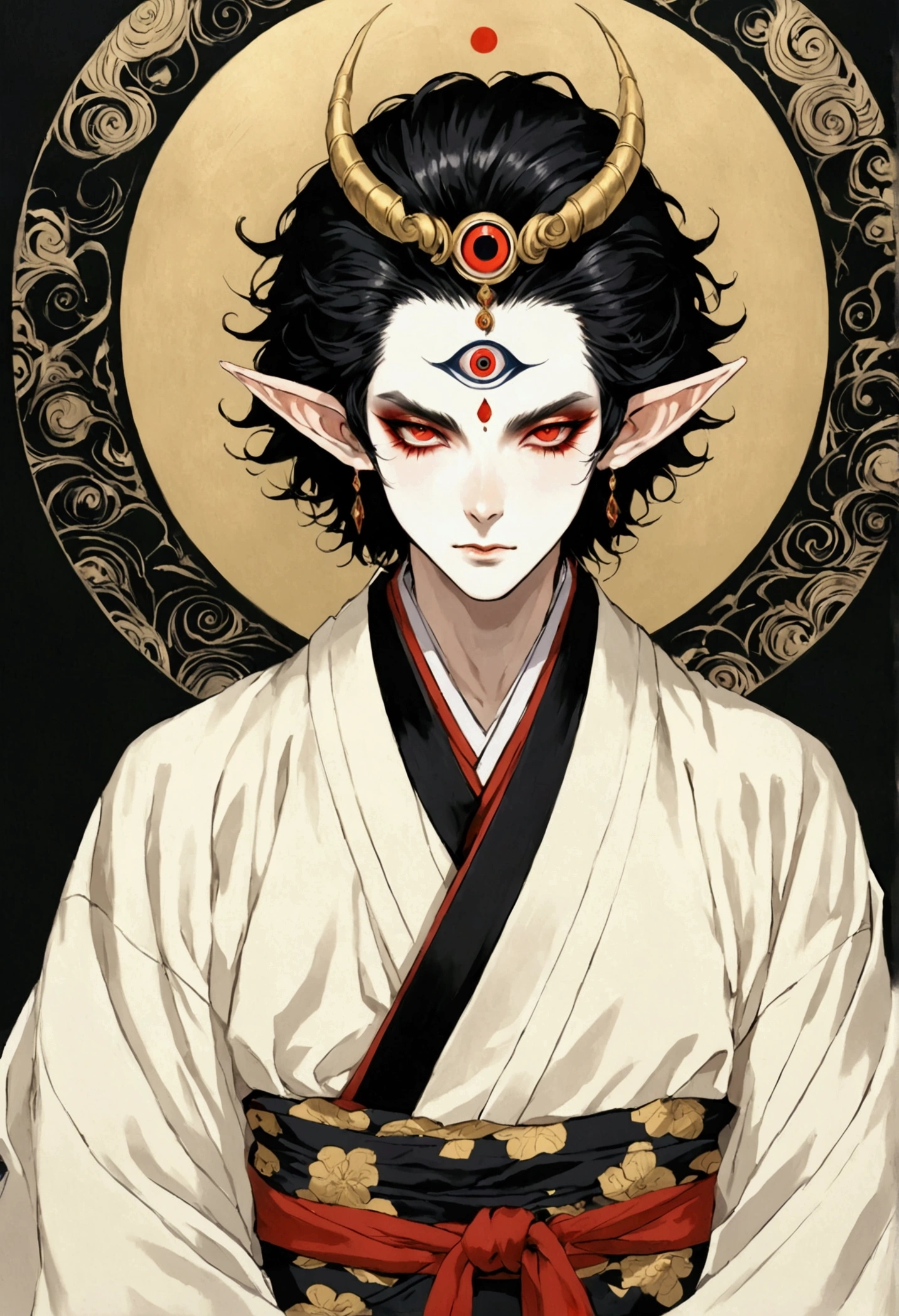 Dark illustration,(((1 Prince,独奏,third eye on the forehead,Dark eyeshadow.Elf ears))),(((Japanese robe kimono:1.6))).whole body,black and gold,red