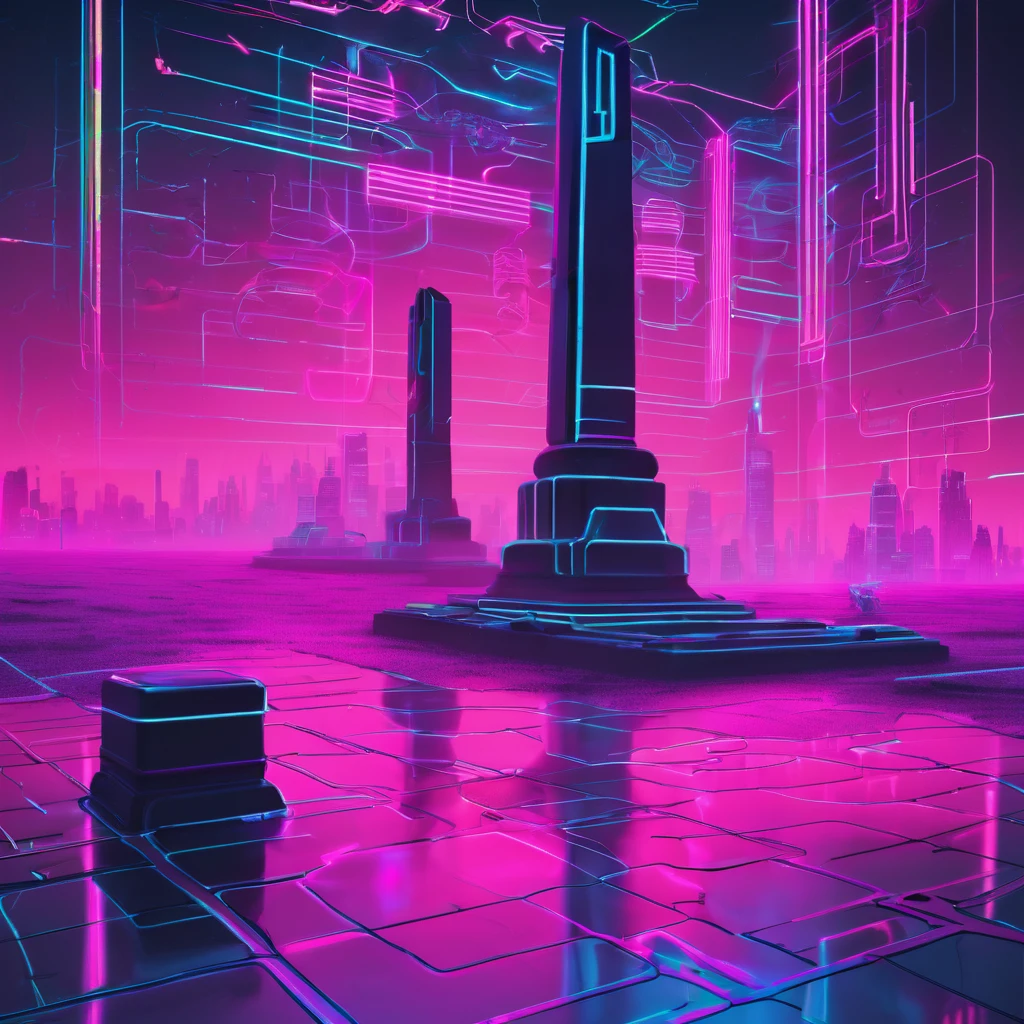 Create a digital artwork for a website background that combines Vaporwave, Cyberpunk, and pre-Columbian aesthetics. The scene should feature detailed pre-Columbian monoliths instead of Greek sculptures, placed in a retro-futuristic environment. The floor should have a neon-glowing grid pattern, typical of Vaporwave, and the background should mix dark, rainy, urban landscapes with vibrant neon lights, reflecting a Cyberpunk vibe. Incorporate the brand colors prominently: #39E600 (bright green), #E600Ce (vivid magenta), and #00E6A (teal). The monoliths should exude an ancient, mystical aura, with patterns and symbols inspired by indigenous nobility. The overall feel should seamlessly blend ancient history with futuristic digital aesthetics, creating a unique and captivating visual experience."