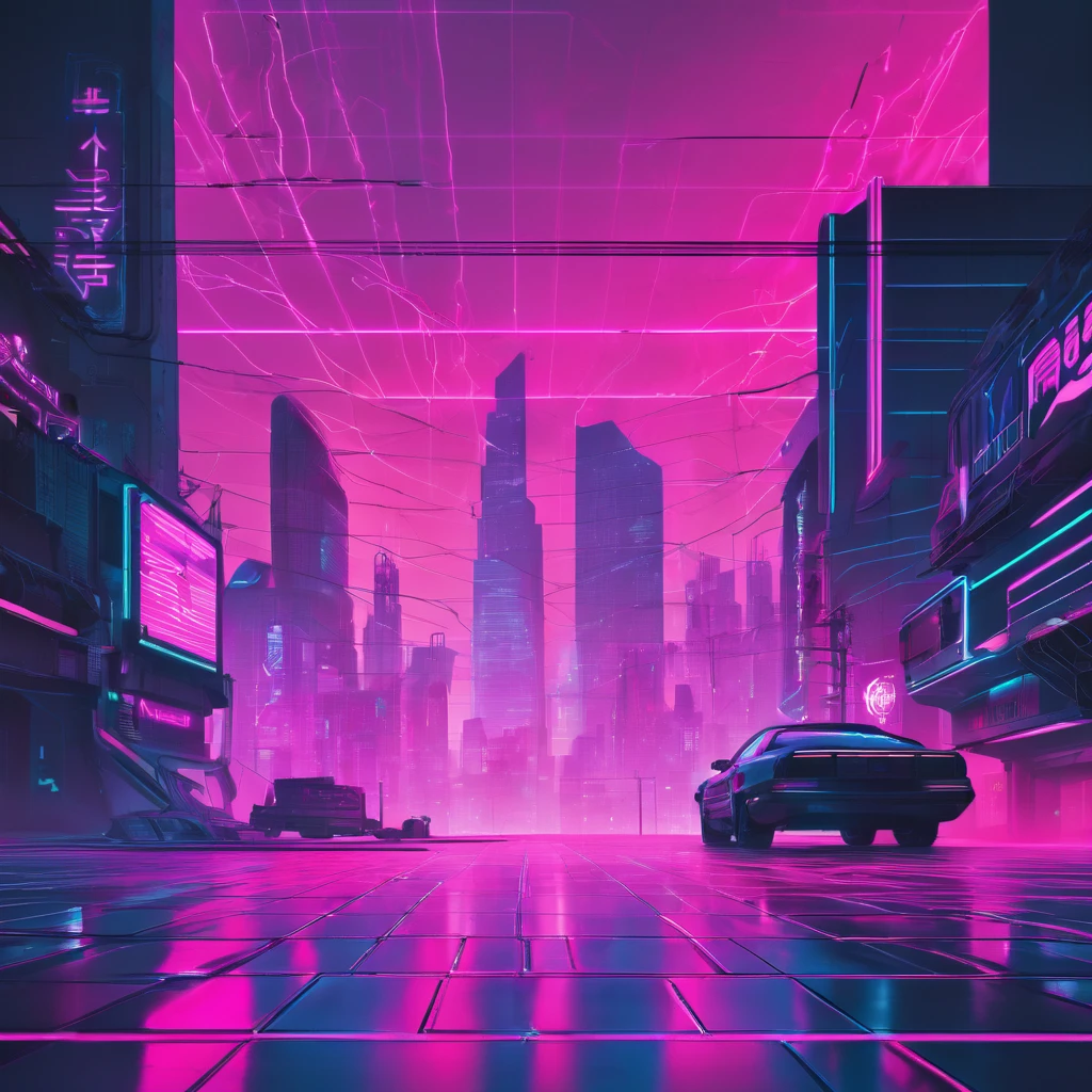 Create a digital artwork for a website background that combines Vaporwave, Cyberpunk, and pre-Columbian aesthetics. The scene should feature detailed pre-Columbian monoliths instead of Greek sculptures, placed in a retro-futuristic environment. The floor should have a neon-glowing grid pattern, typical of Vaporwave, and the background should mix dark, rainy, urban landscapes with vibrant neon lights, reflecting a Cyberpunk vibe. Incorporate the brand colors prominently: #39E600 (bright green), #E600Ce (vivid magenta), and #00E6A (teal). The monoliths should exude an ancient, mystical aura, with patterns and symbols inspired by indigenous nobility. The overall feel should seamlessly blend ancient history with futuristic digital aesthetics, creating a unique and captivating visual experience."