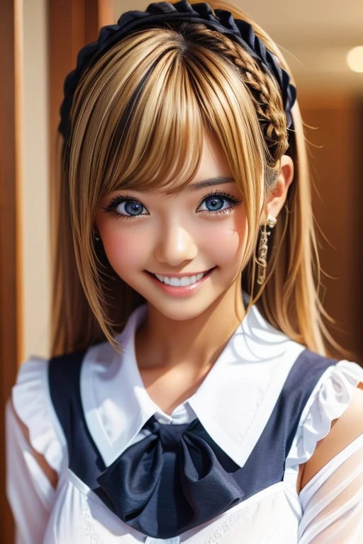 one girl, (((smile)))、Maid、Beautiful breasts、 Brown eyes, ((Gal Hairstyles)) blonde, girl, (Eye and facial details:1.0), break, (masterpiece, Highest quality, Very detailed, Detailed face, 8k)