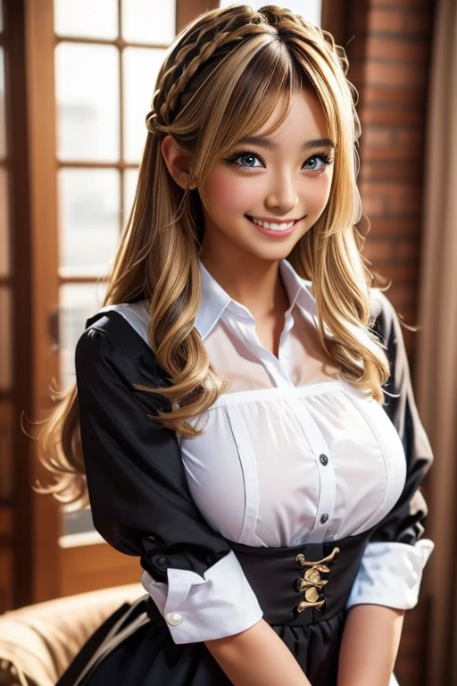one girl, (((smile)))、Maid、Beautiful breasts、 Brown eyes, ((Gal Hairstyles)) blonde, girl, (Eye and facial details:1.0), break, (masterpiece, Highest quality, Very detailed, Detailed face, 8k)