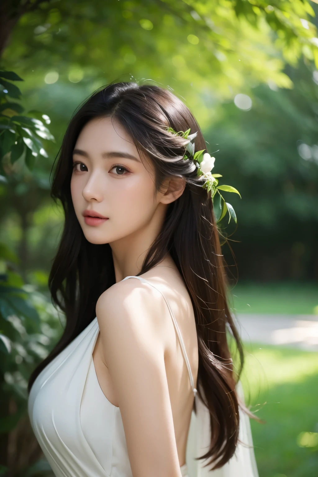 a beautiful woman with long dark hair, elegant dress, serene expression, soft natural lighting, ethereal, glowing skin, delicate facial features, ambient garden scene, lush greenery, warm color palette, photorealistic, highly detailed, 8k, stunning, elegant, dreamlike, masterpiece