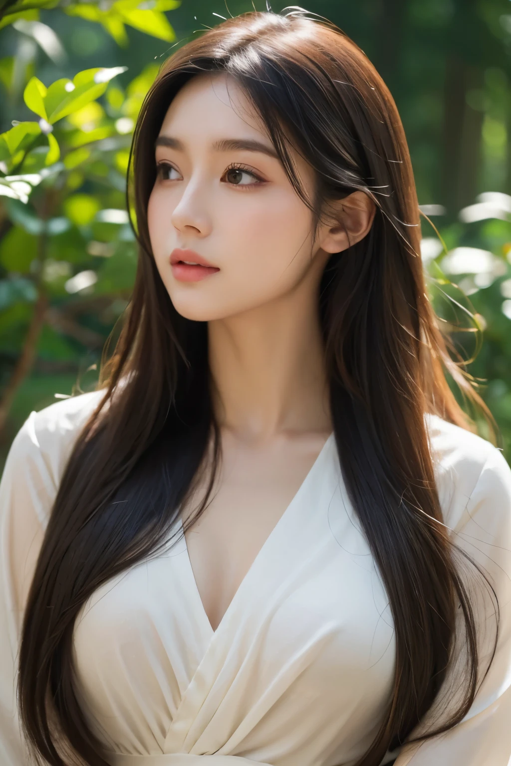 a beautiful woman with long dark hair, elegant dress, serene expression, soft natural lighting, ethereal, glowing skin, delicate facial features, ambient garden scene, lush greenery, warm color palette, photorealistic, highly detailed, 8k, stunning, elegant, dreamlike, masterpiece