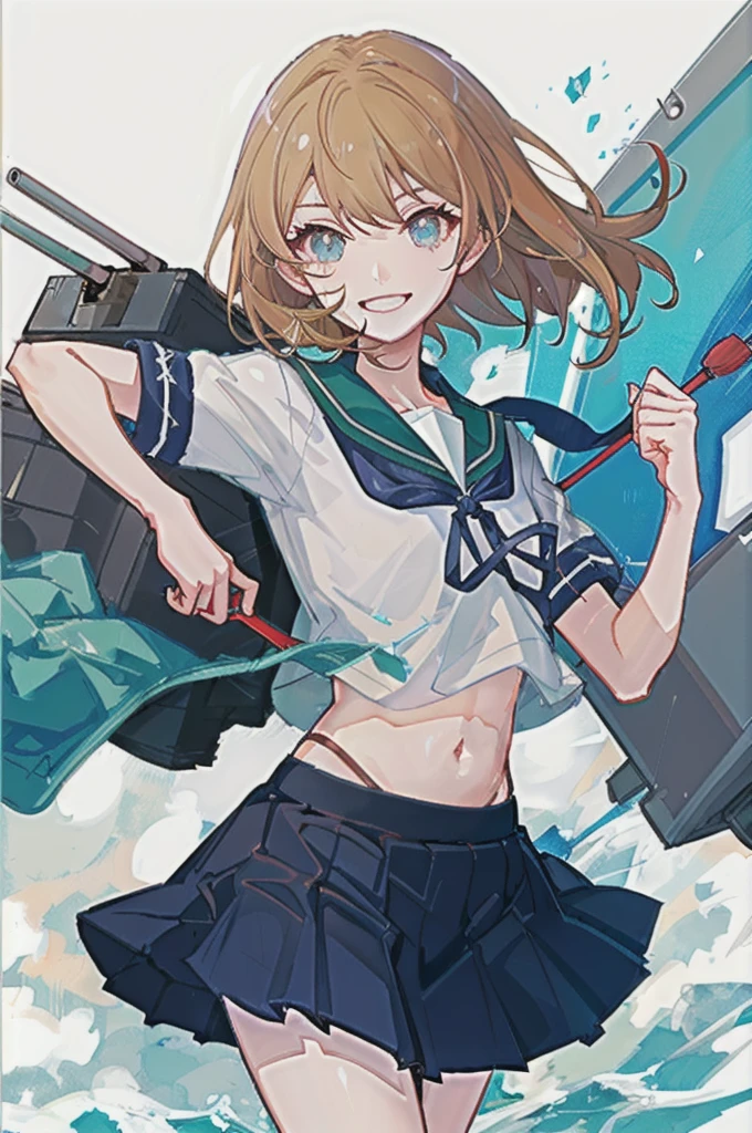 oboro \(Kantai Collection\), One girl, alone, skirt, , Seraphim, blue skirt, pleated skirt, White Background, Sailor collar, Simple Background, belly button, View your viewers, blue Sailor collar, Cowboy Shot, smile, abdomen, Short sleeve, shirt, abdomen peek, white shirt, original, Intricate details, figure, masterpiece, Highly detailed CG Unity 8k wallpaper, highlight, whet, dynamic,  