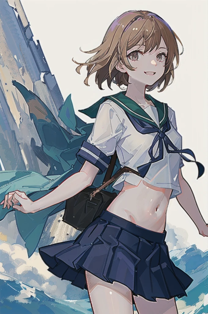 oboro \(Kantai Collection\), One girl, alone, skirt, , Seraphim, blue skirt, pleated skirt, White Background, Sailor collar, Simple Background, belly button, View your viewers, blue Sailor collar, Cowboy Shot, smile, abdomen, Short sleeve, shirt, abdomen peek, white shirt, original, Intricate details, figure, masterpiece, Highly detailed CG Unity 8k wallpaper, highlight, whet, dynamic,  