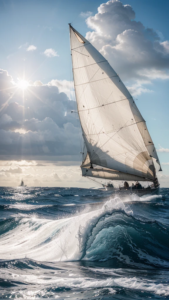 A great white sheet of fabric, looking like a sail torn from a sailing ship, flies over the sea waves and under the narrow clouds through which the sun's rays shine.