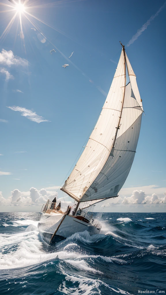 A great white sheet of fabric, looking like a sail torn from a sailing ship, flies over the sea waves and under the narrow clouds through which the sun's rays shine.