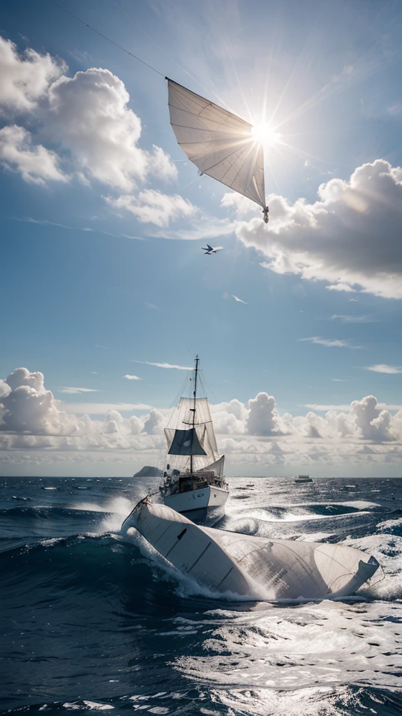 A great white sheet of fabric, looking like a sail torn from a sailing ship, flies over the sea waves and under the narrow clouds through which the sun's rays shine.