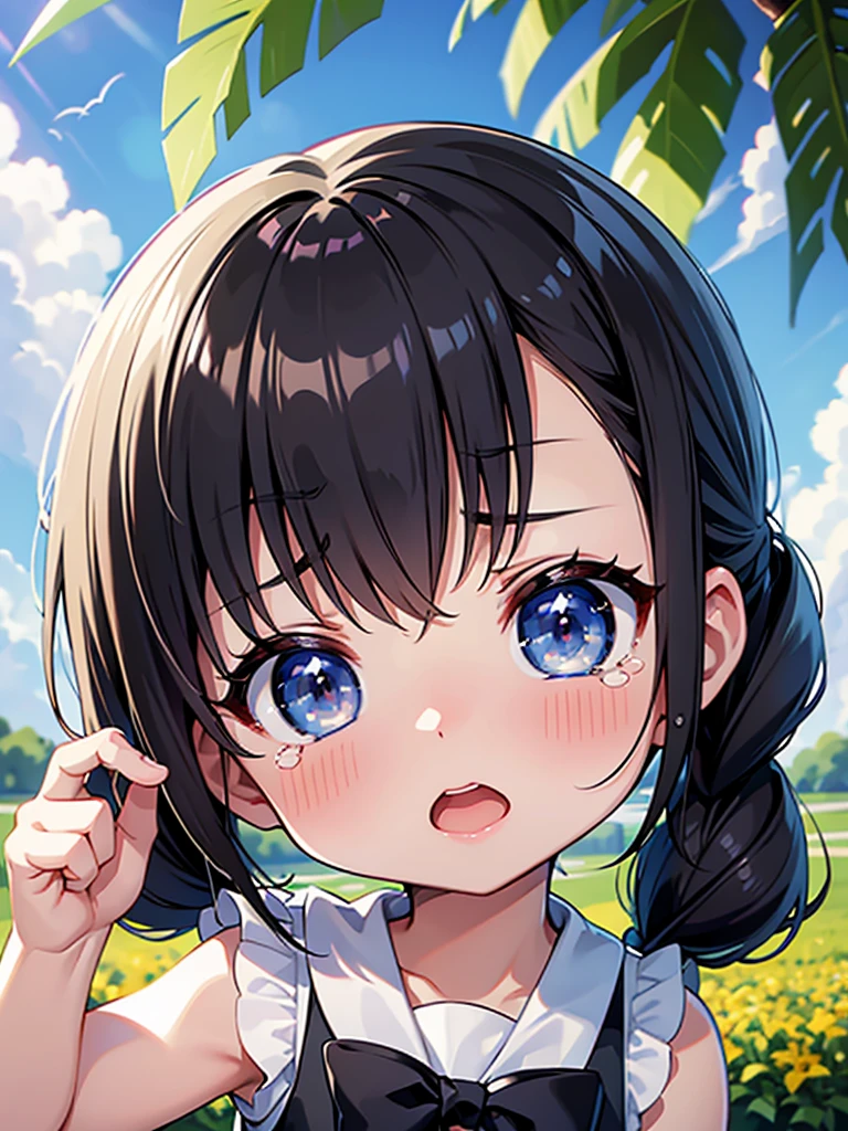 Highest quality、High resolution、Detailed Background、Beautiful face in every detail、Anatomically correct、Detailed facial expressions、fine grain、One Girl、Black Hair、beautiful clear big blue eyes、Braided twin tails、Chibi Girl、primary school, Cute sleeveless summer outfit in pastel colors、garden、slap、Raise your hand and give a high five、Angry face、Glaring at the audience、Tears in my eyes、Screaming with open mouth、(Mouth close-up)