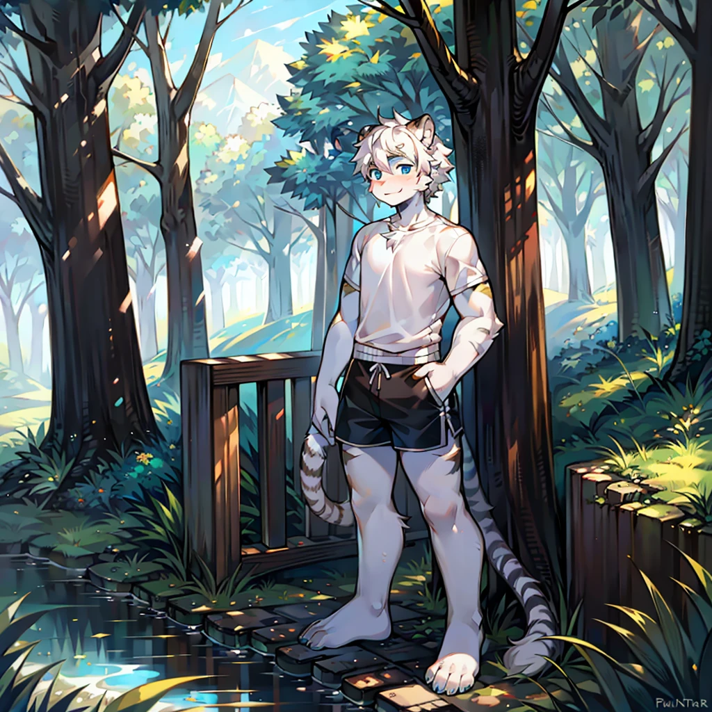 teenager, Short white hair, ear, Upper Body, forest，riverside，Standing，hairy, White hair everywhere, White hair everywhere, White Tiger, Tiger Tail, masterpiece, High quality portrait, Humanoid,  youth style, posture,  White Tiger型, White short sleeve, Black shorts, super Handsome face, Handsome, Tiger Youth, blue eyes, White Tiger, white ear,  barefoot