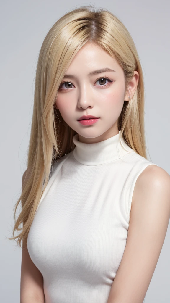 (((forehead、Northern Europe、White、beautiful girl、ホワイトblonde、Blonde、White Background、High neck sleeveless、cute、young、True Face、Shiny Hair、whole body)))、Tabletop, Highest quality, shape, Very detailed, finely, High resolution, 8k wallpaper, Perfect dynamic composition, finelyて美しい目, Deco Out,blonde, chest, Natural color lip,White Background, random cute poses,