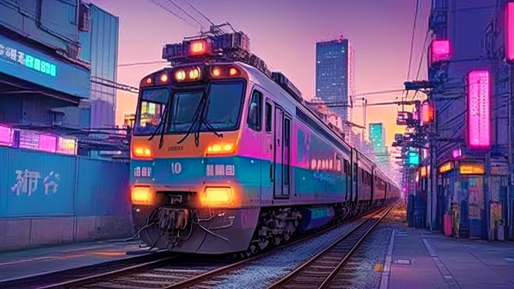 there is a train that is going down the tracks in the city, Vaporwave City, Japanese cities pop color palette, Dreamy and colorful cyberpunk colors, The aesthetics of vaporwave, colorful aesthetic, Japanese cities, The Aesthetics of Synthwave, Colorful Fox City, Cyberpunk aesthetic, lo fi colors, lo - Fine Color, Vaporwave Nostalgia, Japanese Street, Beeple Daily Art