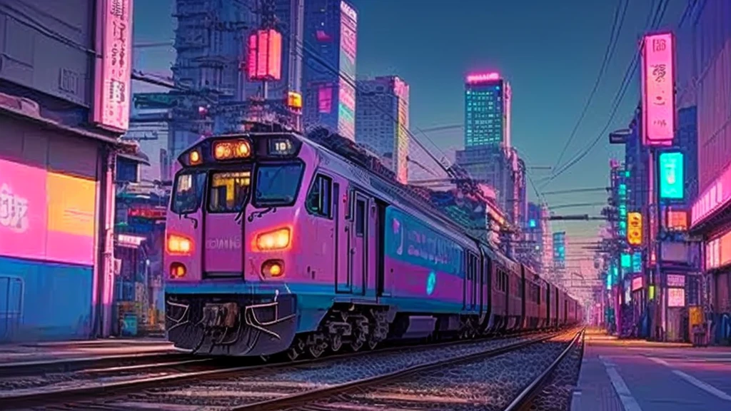 there is a train that is going down the tracks in the city, Vaporwave City, Japanese cities pop color palette, Dreamy and colorful cyberpunk colors, The aesthetics of vaporwave, colorful aesthetic, Japanese cities, The Aesthetics of Synthwave, Colorful Fox City, Cyberpunk aesthetic, lo fi colors, lo - Fine Color, Vaporwave Nostalgia, Japanese Street, Beeple Daily Art