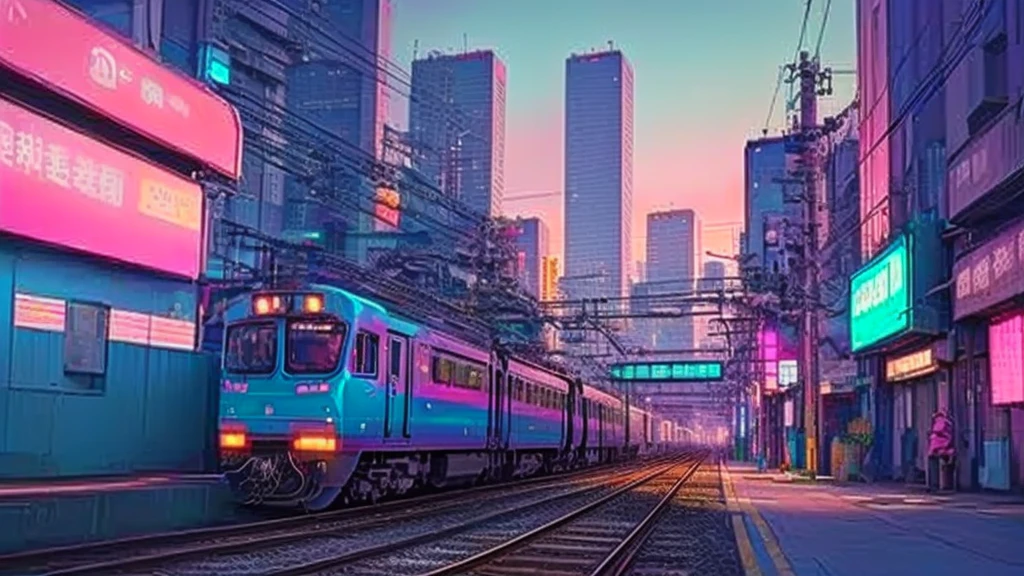 there is a train that is going down the tracks in the city, Vaporwave City, Japanese cities pop color palette, Dreamy and colorful cyberpunk colors, The aesthetics of vaporwave, colorful aesthetic, Japanese cities, The Aesthetics of Synthwave, Colorful Fox City, Cyberpunk aesthetic, lo fi colors, lo - Fine Color, Vaporwave Nostalgia, Japanese Street, Beeple Daily Art