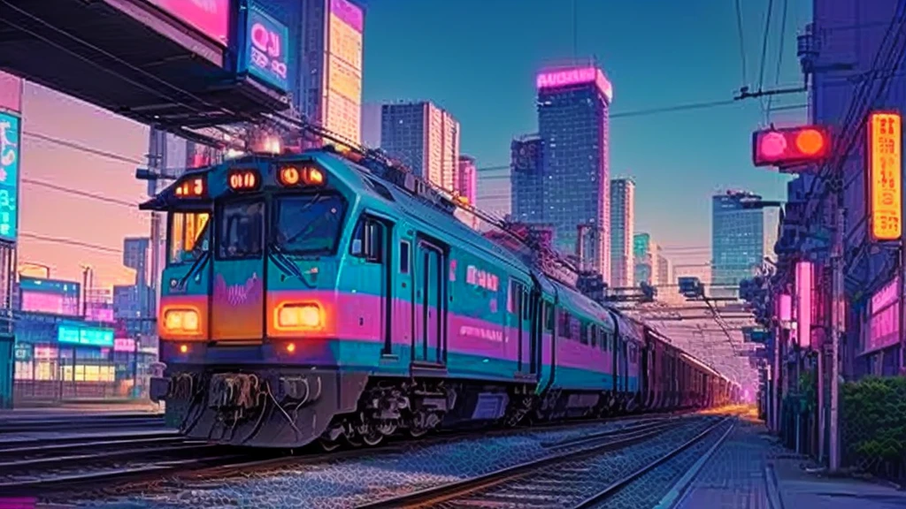 there is a train that is going down the tracks in the city, Vaporwave City, Japanese cities pop color palette, Dreamy and colorful cyberpunk colors, The aesthetics of vaporwave, colorful aesthetic, Japanese cities, The Aesthetics of Synthwave, Colorful Fox City, Cyberpunk aesthetic, lo fi colors, lo - Fine Color, Vaporwave Nostalgia, Japanese Street, Beeple Daily Art