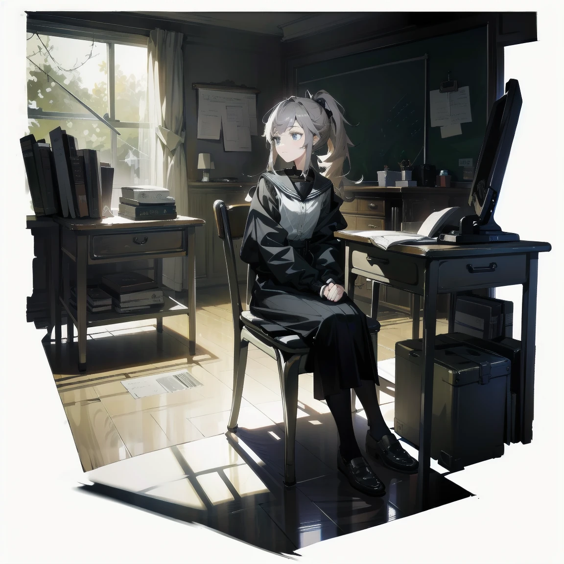 [(White background:1.15), ::2]alone, medium shot, whole body，small stature，Brown flowing ponytail，black collar， Black and blue theme ，school jacket，blue eyes，cold，starlight，classroom，desks，chairs，pile of books，class，sitting on the chair，very blooming，Black open flowing windbreaker,（Black day）），depressing atmosphere，sad，low saturation, very detail and bright background， HDR， Face light， hyperrealistic， a high resolution， photo， granularity， color difference， Sharp Focus， HDR， Face light source， dynamic lighting， cinematic lighting， Professional shadows， dark shadow， highest detail，very detailed，Hyper detail，small parts，white shirt，Exquisite facial features，detailed faces and eyes，sharp students，realistic student，