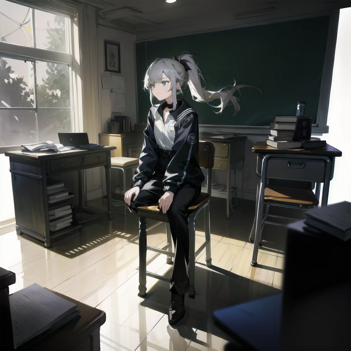 [(White background:1.15), ::2]alone, medium shot, whole body，small stature，Brown flowing ponytail，black collar， Black and blue theme ，school jacket，blue eyes，cold，starlight，classroom，desks，chairs，pile of books，class，sitting on the chair，very blooming，Black open flowing windbreaker,（Black day）），depressing atmosphere，sad，low saturation, very detail and bright background， HDR， Face light， hyperrealistic， a high resolution， photo， granularity， color difference， Sharp Focus， HDR， Face light source， dynamic lighting， cinematic lighting， Professional shadows， dark shadow， highest detail，very detailed，Hyper detail，small parts，white shirt，Exquisite facial features，detailed faces and eyes，sharp students，realistic student，