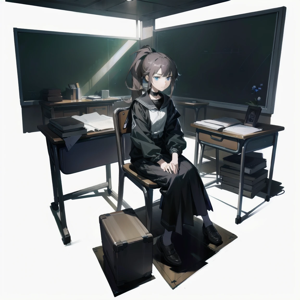 [(White background:1.15), ::2]alone, medium shot, whole body，small stature，Brown flowing ponytail，black collar， Black and blue theme ，school jacket，blue eyes，cold，starlight，classroom，desks，chairs，pile of books，class，sitting on the chair，very blooming，Black open flowing windbreaker,（Black day）），depressing atmosphere，sad，low saturation, very detail and bright background， HDR， Face light， hyperrealistic， a high resolution， photo， granularity， color difference， Sharp Focus， HDR， Face light source， dynamic lighting， cinematic lighting， Professional shadows， dark shadow， highest detail，very detailed，Hyper detail，small parts，white shirt，Exquisite facial features，detailed faces and eyes，sharp students，realistic student，
