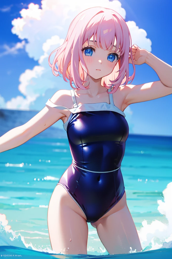 Cute Swimsuit、Random Swimsuit、Acme Face、Random pose、, Medium Hair、、Pale blue eyes、Pink Hair、nsfw、Highest quality、1 girl、solo、Ocean、Sandy Beach、Sexy pose、Random pose、Blushing、Wet、Embarrassed、I can see half of my 、、One piece swimsuit、(Strap slip:1.3)