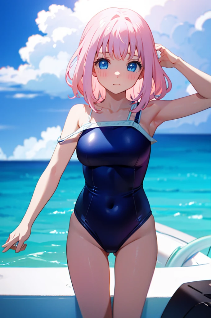 Cute Swimsuit、Random Swimsuit、Acme Face、Random pose、, Medium Hair、、Pale blue eyes、Pink Hair、nsfw、Highest quality、1 girl、solo、Ocean、Sandy Beach、Sexy pose、Random pose、Blushing、Wet、Embarrassed、I can see half of my 、、One piece swimsuit、(Strap slip:1.3)