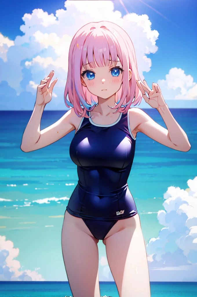 Cute Swimsuit、Random Swimsuit、Acme Face、Random pose、, Medium Hair、、Pale blue eyes、Pink Hair、nsfw、Highest quality、1 girl、solo、Ocean、Sandy Beach、Sexy pose、Random pose、Blushing、Wet、Embarrassed、I can see half of my 、、One piece swimsuit、(Strap slip:1.3)