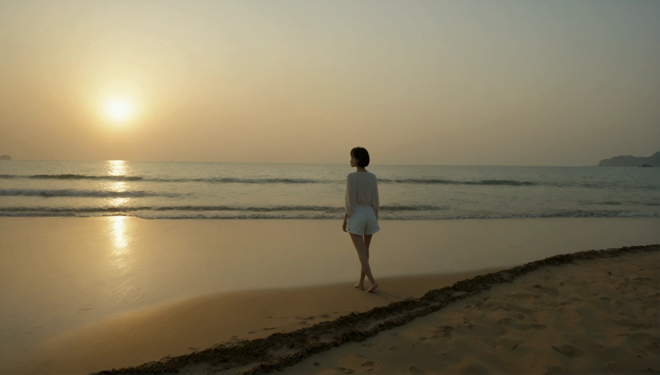 8k, Vivid picture quality, Vivid picture quality, long deserted beach, Full body shot from a distance with a wide angle lens, Short hair, beautiful appearance, Model-like body, Short and slim Korean woman, sunset의 붉은 빛, sunset, alone, afternoon, depressed, tide가 밀려온다, ocean, tide, wind, Clear picture quality, tower, White shorts, Look at the camera, Short hair, walk on the beach