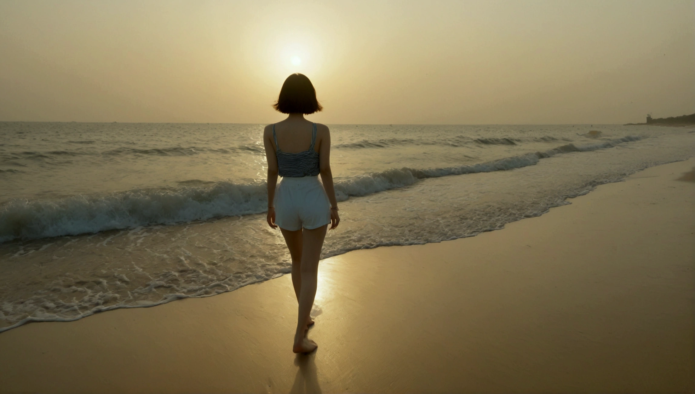 8k, Vivid picture quality, Vivid picture quality, long deserted beach, Full body shot from a distance with a wide angle lens, Short hair, beautiful appearance, Model-like body, Short and slim Korean woman, sunset의 붉은 빛, sunset, alone, afternoon, depressed, tide가 밀려온다, ocean, tide, wind, Clear picture quality, tower, White shorts, Look at the camera, Short hair, walk on the beach