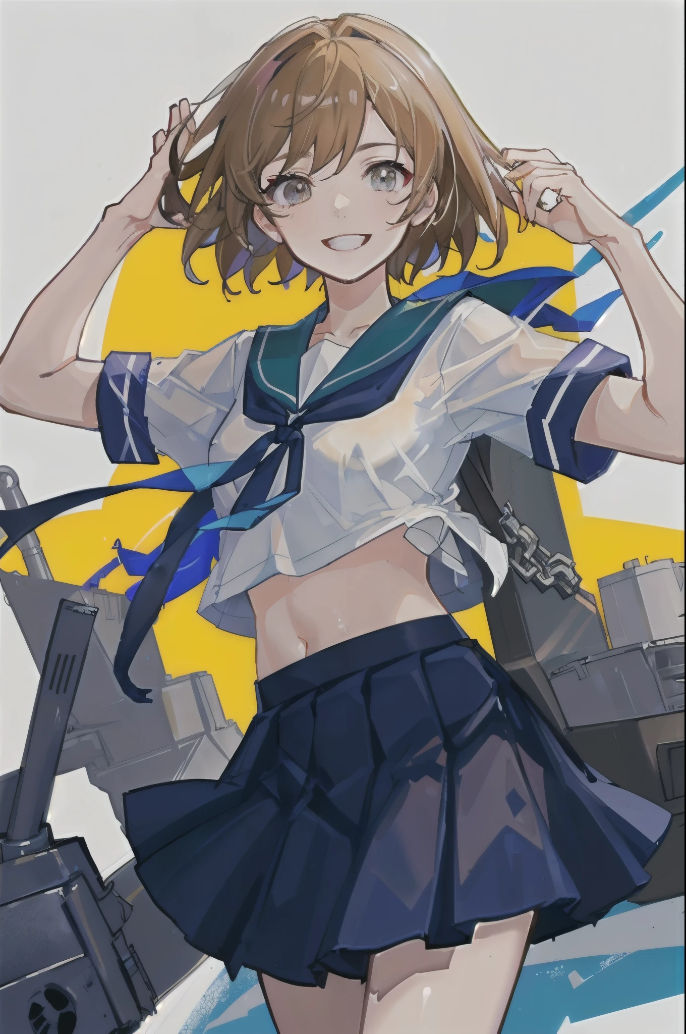 oboro \(Kantai Collection\), One girl, alone, skirt, , Seraphim, blue skirt, pleated skirt, White Background, Sailor collar, Simple Background, belly button, View your viewers, blue Sailor collar, Cowboy Shot, smile, abdomen, Short sleeve, shirt, abdomen peek, white shirt, original, Intricate details, figure, masterpiece, Highly detailed CG Unity 8k wallpaper, highlight, whet, dynamic,
