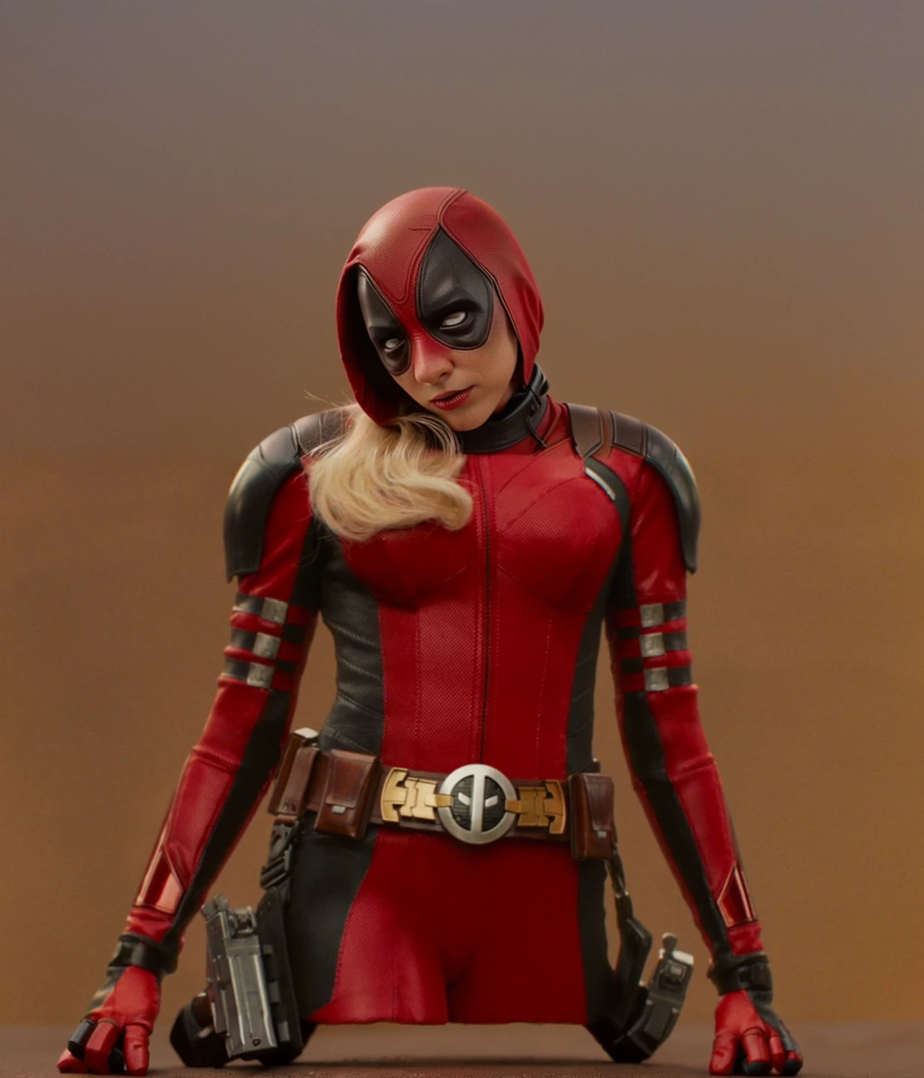 Complete the woman's body with Deadpool's neck and head
