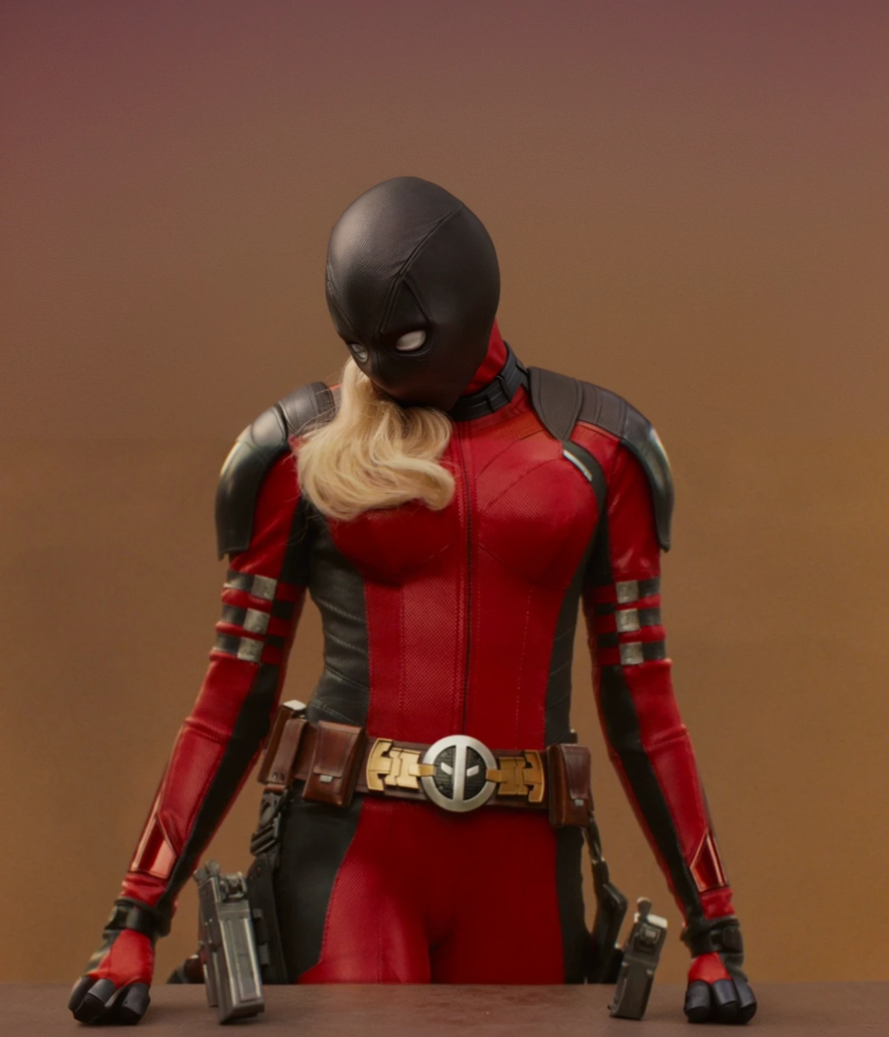 Complete the woman's body with Deadpool's neck and head