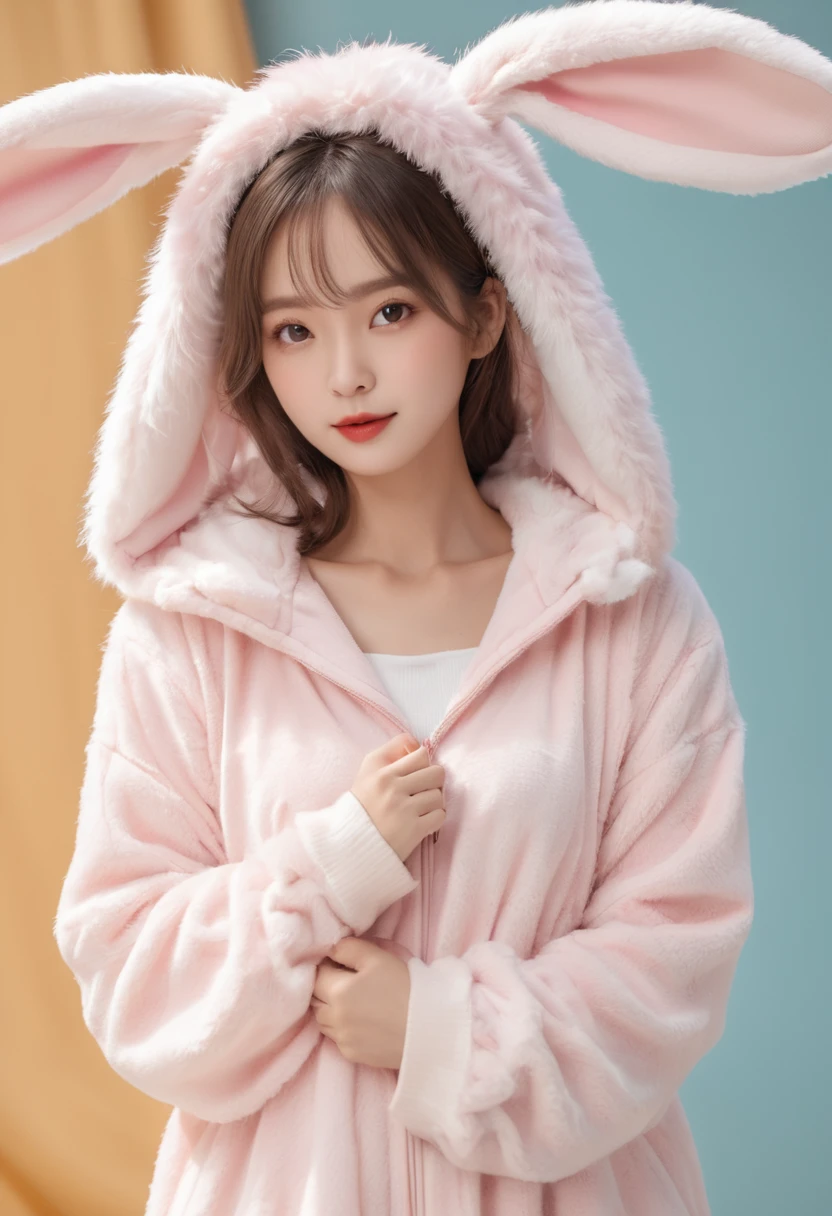 Kigurumi Costume Pajamas、Sexy Big 、A cute 15-year-old girl with a sexy and cute look, beautiful and sexy face、A strong wind blows my hair in front of my face、With straight blonde hair、beautiful, Cute and sexy eyes hidden behind long bangs、Costume pajamas