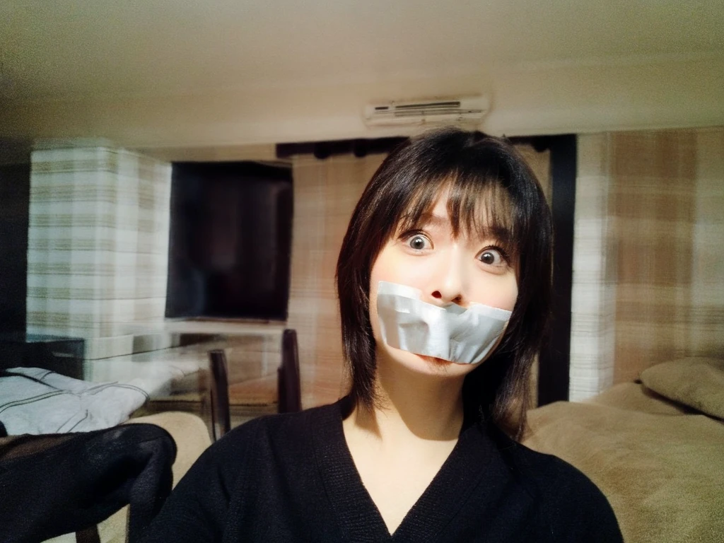 One female, selfie、face close up、cheerful smile、big tear bag、tape gag,Room lighting:none、front lighting:weak、Photo taken with iPhone、Japanese cute half-haired girl、profile、looking at the camera、black sweater, white wallpaper only, Rooms without lights、