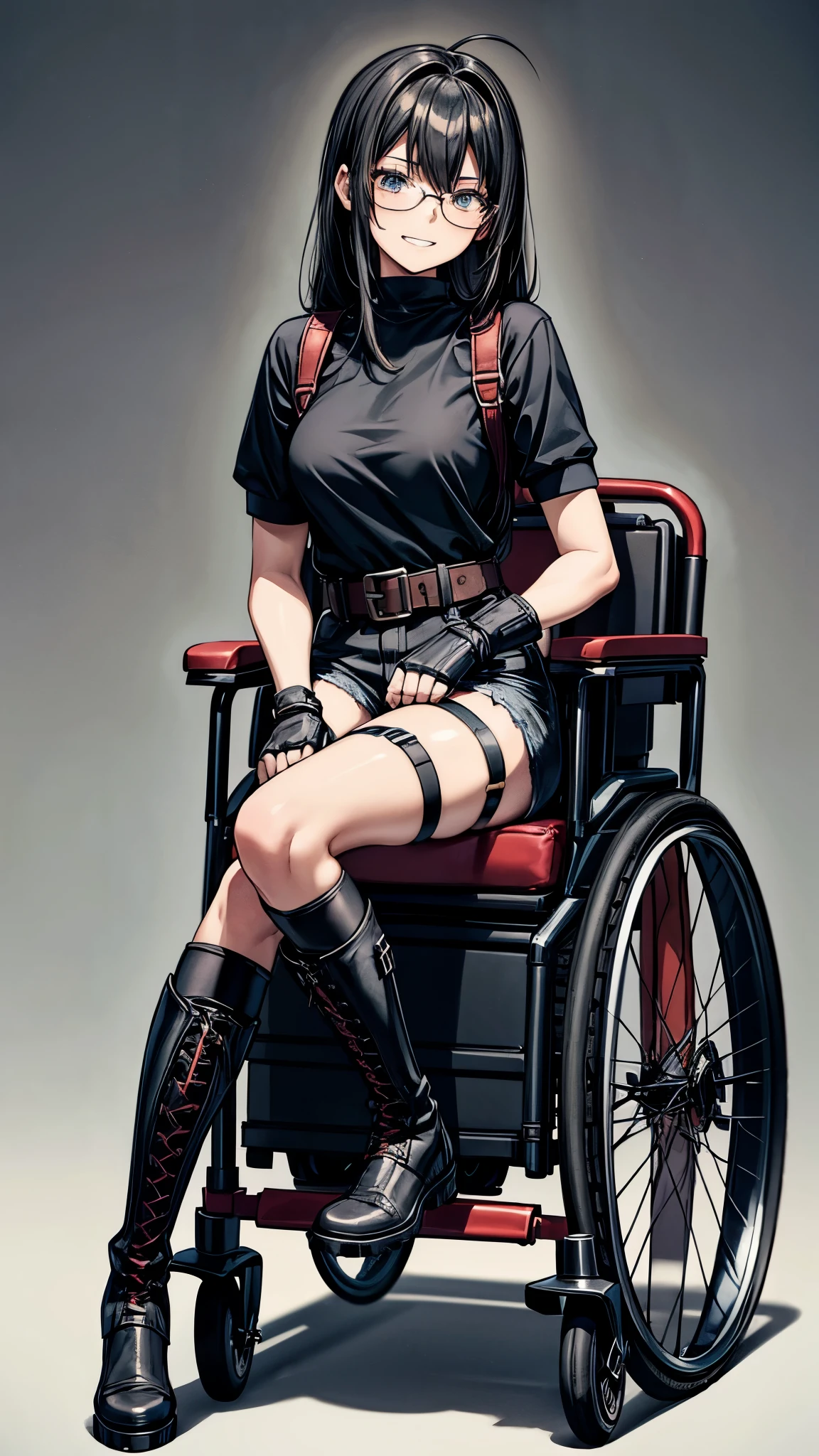One 19 years old girl,girl in electric wheelchair,eight heads tall,thin legs,black messy hair,black middle hair,hair over eyes,glasses,dark,it hurts,scary,nervous eyes,grin,she’s riding a electric wheelchair,legs in cast,leg brace,leg brace,black meshed tops,short sleeves,micro shorts,lace up long boots,fingerless glove,knee pads,elbow pads.the girl secured with many belts,head secured with wheelchair.