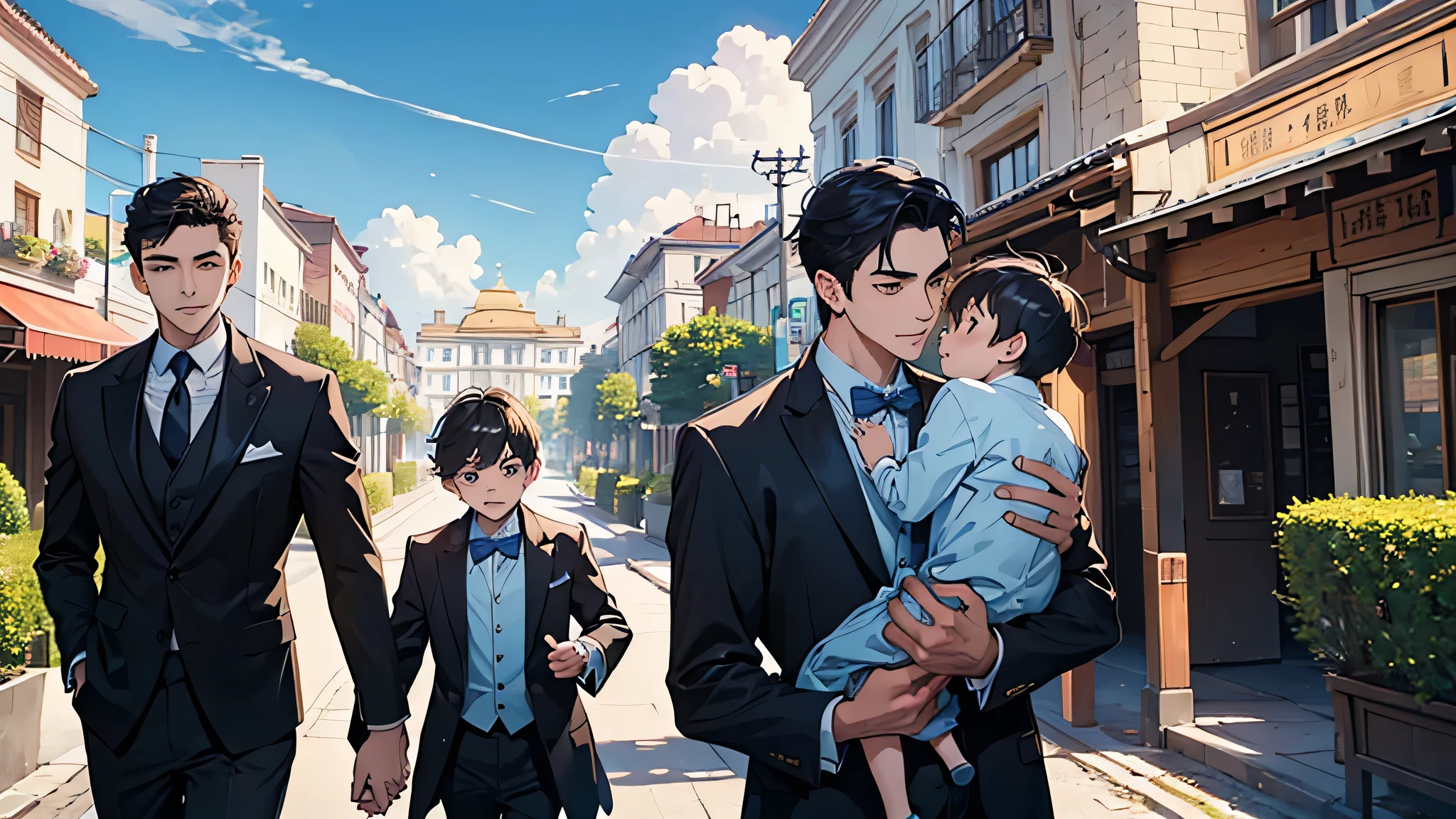 (((masterpiece))), ((Highest quality)), ((Super detailed)), (CG illustration), Happy parent-child scene。The resurrected form of Emperor Constantine and the twins Crispus and Fausta.、Father and son landscape。「Varna, Bulgaria、Under the clear blue sky、A summer evening where a stylish modern mansion shines。As the bright sunlight envelopes the sea and the mansion、A young father in his 30s hugs his twin sons tightly and warmly on his way home from work。The father's face was filled with deep love, retribution and forgiveness.、I can see the look of relief on his face, having overcome his past mistakes.。The children have innocent, naive smiles、He buried his face in his father's shoulder and looked relieved.。Light and shadow gently intersect、A scene that creates a warm and moving atmosphere overall.。」Love。Love, forgiveness, healing and purification。Detailed and delicate。lyrical。Heartful Modern。Gorgeous。elegant。masterpiece。super high quality。, beauty, brilliance, ultra-high quality, ultra-high resolution, Ultra-fine, ultra-beautiful, a masterpiece.masterpiece。I'm in love with you,