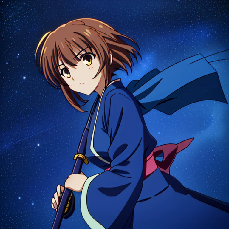 Highest quality，High resolution， (((Yukiho Hagiwara))) ，((Idolmaster)) ，One person，warrior，（dark blue_coat），kimono，Young woman，((Bob_Hairstyle)) ，roar，intense，Aggressive，One personで，strongest，Anime Style，（Milky Way_background），(Limbs)，(Full Finger)， (The finer details), (Super detailed)，(Japanese sword:)，4K，(high resolution)，whole body, (Front angle), Looking at the camera,masterpiece，(Subtle details)，(Intricate details)，Octane Rendering，(Hyper Detail)，