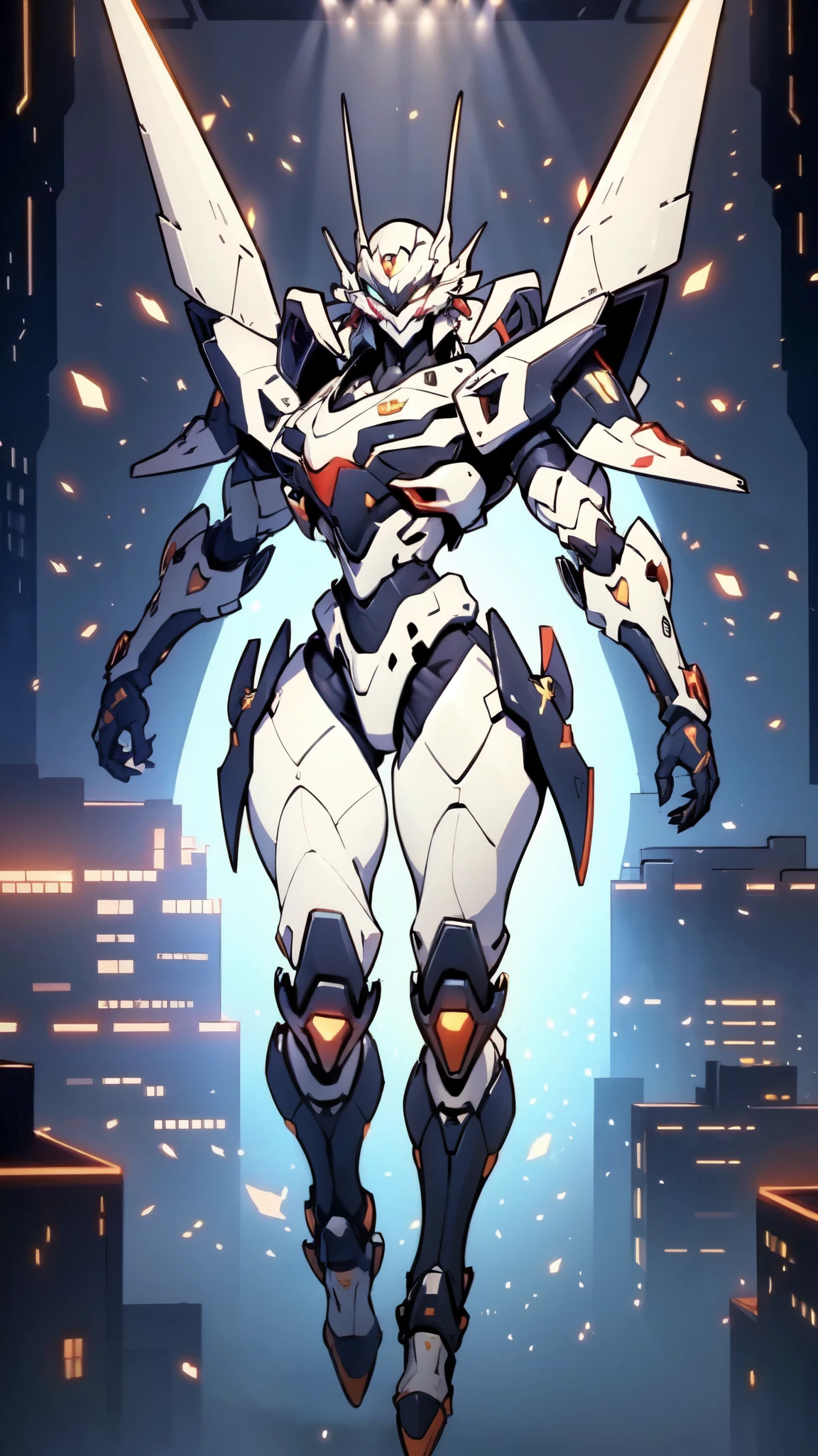 (masterpiece:1.5, best quality:1.5, extremely delicate:1.5), humanoid Mecha, fully enclosed shoulder guards, matching arm and leg guards, full body, full armor, the design balances heavy with agility, (the color scheme is primarily white with red and blue accents, the concept Inspired by Super robot, organic biotech armor, standing, floating high above the futuristic sci-fi city), exquisite and mature art style, (aura effect, energy, glowing eyes, the armor glows), metallic, dramatic, high definition, highres, ultra-detailed, ultra-fine painting, professional, perfect body proportions, anatomically correct, symmetrical face, extremely detailed eyes and face, high quality eyes, creativity, RAW photo, UHD, 32k, Natural light, cinematic lighting, masterpiece-anatomy-perfect