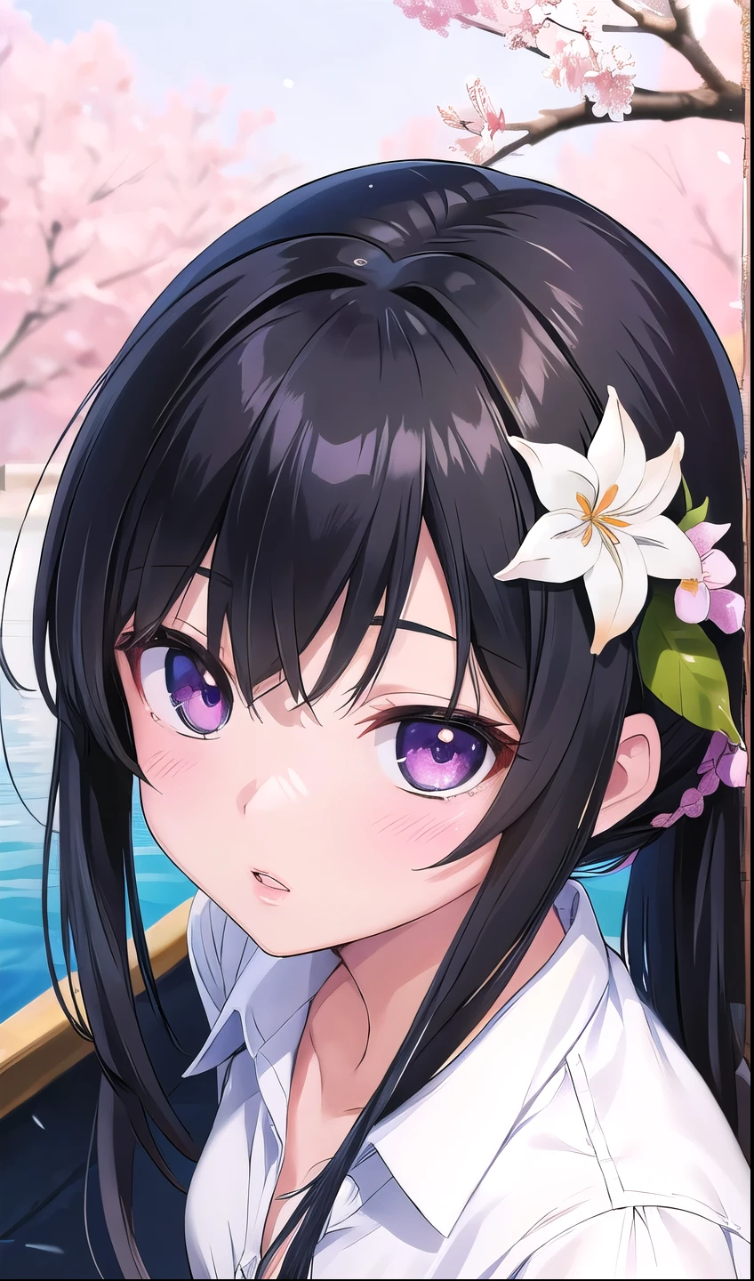 anime girl, Realistic Shadows, Detailed skin, Very small breasts, Black Hair, Very detailed, 8kのVery detailedな顔, perfect face shape, Perfect Lips, Perfect Nose, Correct beautiful eyes, Audience, White shirt, Hair Flowers, masterpiece, Highest quality, Single women, Very good, No panties, alone