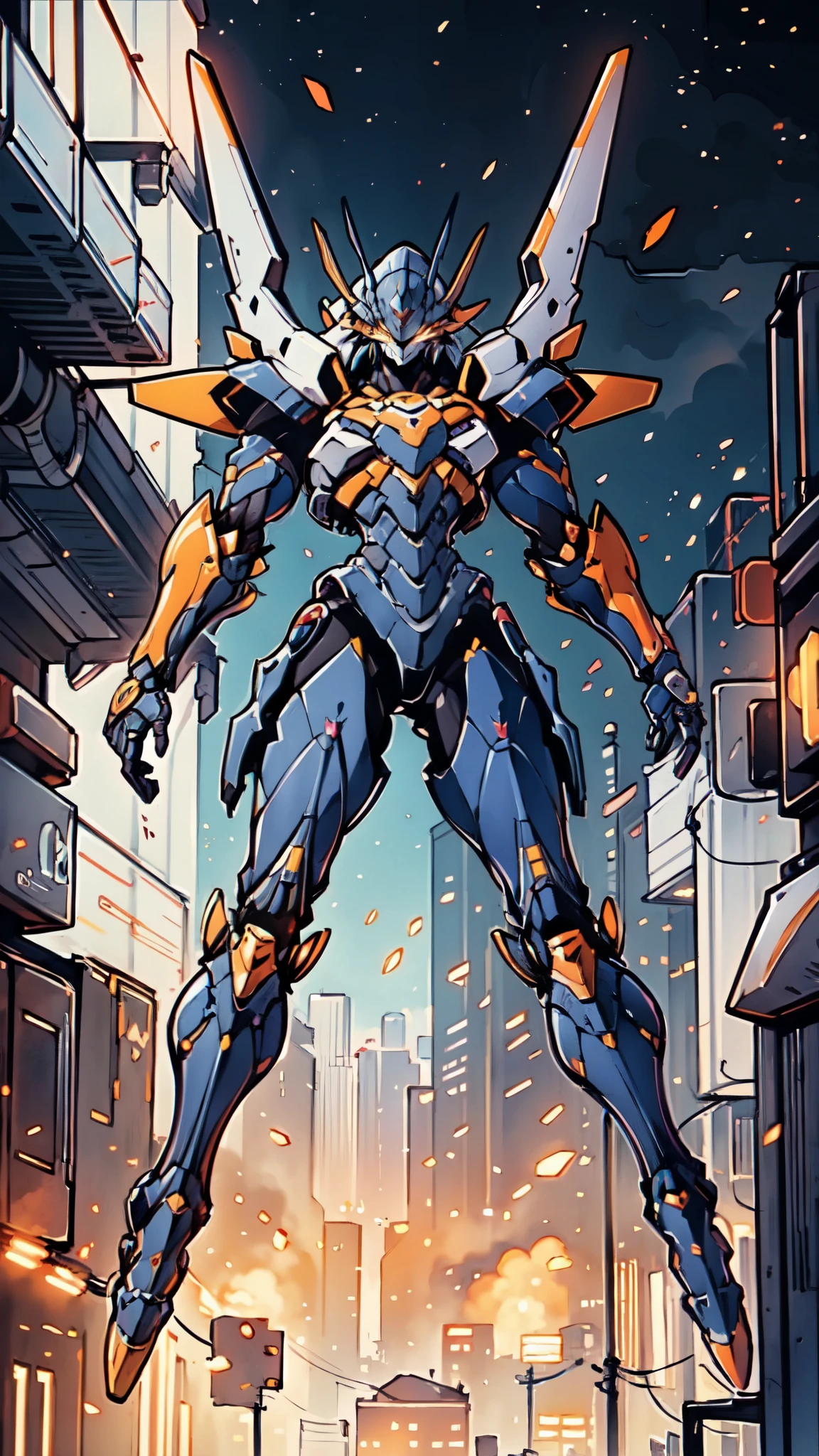(masterpiece:1.5, best quality:1.5, extremely delicate:1.5), humanoid Mecha, fully enclosed shoulder guards, matching arm and leg guards, full body, full armor, the design balances heavy with agility, (the color scheme is primarily white with red and blue accents, the concept Inspired by Super robot, organic biotech armor, standing, floating high above the futuristic sci-fi city), exquisite and mature art style, (aura effect, energy, glowing eyes, the armor glows), metallic, dramatic, high definition, highres, ultra-detailed, ultra-fine painting, professional, perfect body proportions, anatomically correct, symmetrical face, extremely detailed eyes and face, high quality eyes, creativity, RAW photo, UHD, 32k, Natural light, cinematic lighting, masterpiece-anatomy-perfect