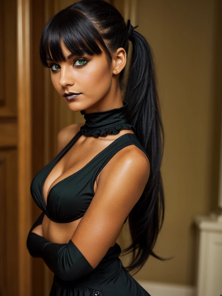 (best quality), 1girl, female, tanned skin, black hair, high ponytail, side swept bangs, long hair, green eyes, perfect eyes, tan lines, (gothic clothes), smug, masterpiece, anatomically correct, highres