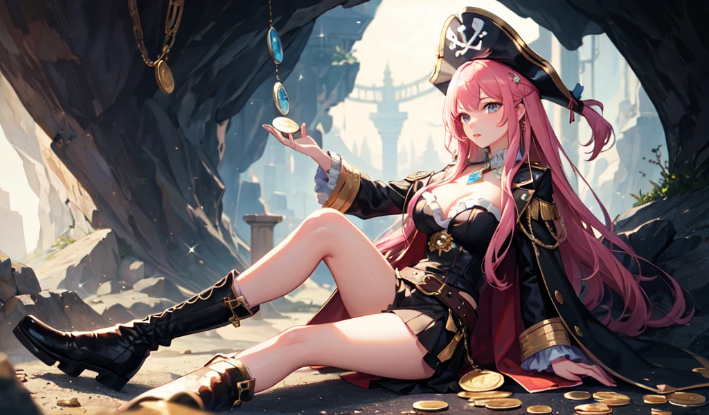 ((1 cyborg woman in a pirate outfit, pussy squirting a lot of sperm)),((just thick tentacles coming out of her pussy)),((piercing in the urethra, lilac piercing in the manilas, bare breasts, huge breasts, erect breasts, breasts lilias, biomechanical lilais pussy)),((lilias hair)),((red eyes, smile)),((facing the viewer)),((on a pirate ship, at sea during the day)),