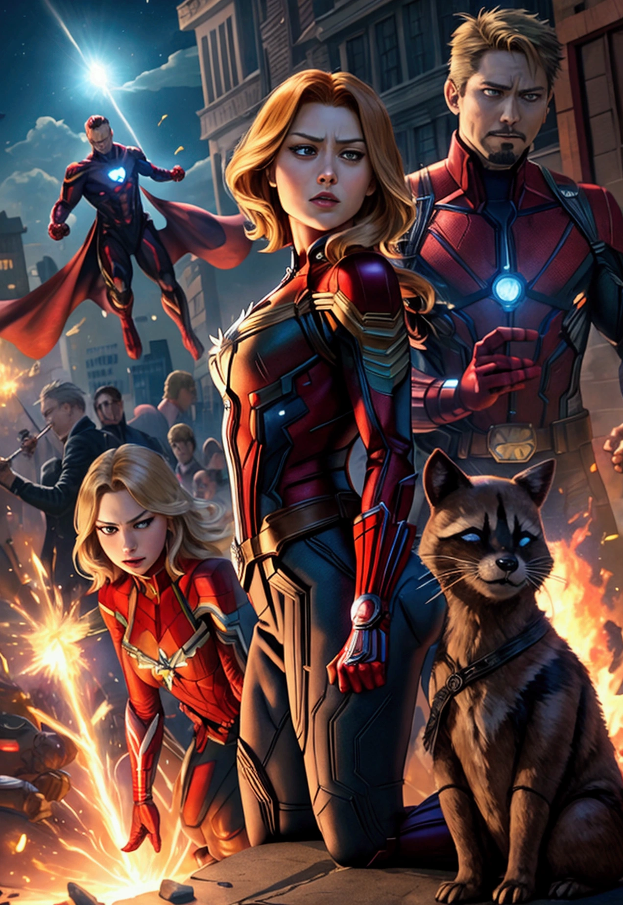 Very detailed，Superhero Waghting Stance，Captain America，Captain Marvel，Iron Man，Thor，Doctor Strange，Ant-Man，Groot，Rocket Raccoon，Spider-Man，Black Panther，Black Widow，Hawkeye，the hulk，Scarlet Witch，Attack each other，Intricate details，There are other superheroes in the distance，Collapsed streets，of war，freeze