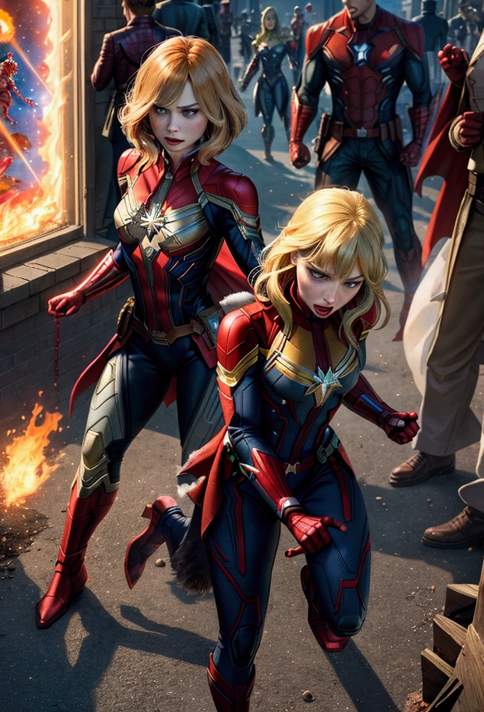 Very detailed,Superhero Waghting Stance,Captain America,Captain Marvel,Iron Man,Thor,Doctor Strange,Ant-Man,Groot,Rocket Raccoon,Spider-Man,Black Panther,Black Widow,Hawkeye,the hulk,Scarlet Witch,Attack each other,Intricate details,There are other superheroes in the distance,Collapsed streets,of war,freeze