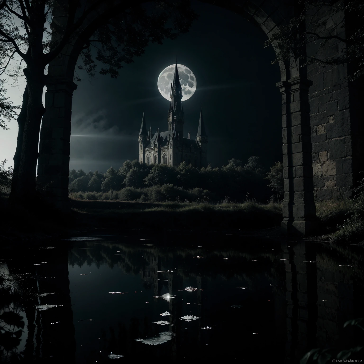 masterpiece of high-contrast shadow and light, a gothic castle sitting on edge of a forbidden mystical forest, moonlight, (fog and moonbeams:1.2), (pure black:1.3), and (darkness:1.3), mysticism, fantasy, gothic horror, glowing flora, magical phenomena, ultra realistic painting, intricate, High Detail, Sharp focus, realism, darkness.
