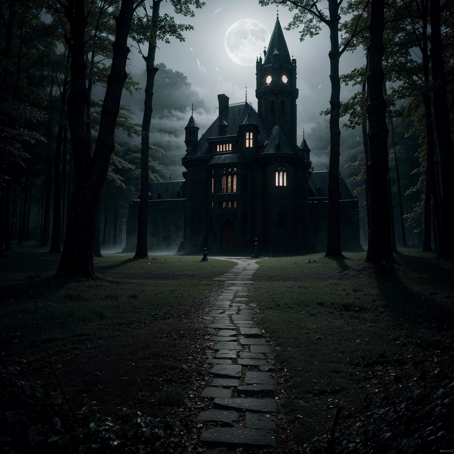 masterpiece of high-contrast shadow and light, a gothic castle sitting on edge of a forbidden mystical forest, moonlight, (fog and moonbeams:1.2), (pure black:1.3), and (darkness:1.3), mysticism, fantasy, gothic horror, glowing flora, magical phenomena, ultra realistic painting, intricate, High Detail, Sharp focus, realism, darkness.